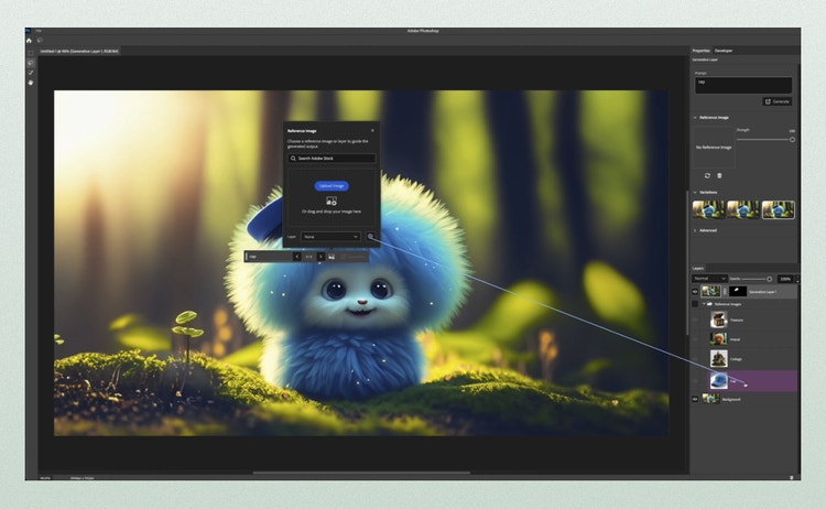 A photo editing interface showing a fluffy blue creature sitting on moss in a forest scene with soft sunlight. An editing panel labeled Reference Image is open, allowing the user to upload an image for generating changes. Layers and adjustment options are visible on the right side of the screen.