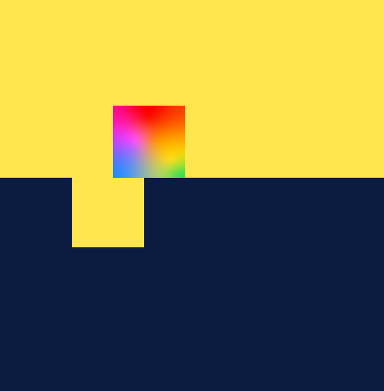A colorful squares moves across a navy landscape with a yellow background. The square approaches a missing space, which it will fit into nicely.