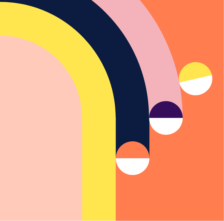 Deep navy, orange, yellow and white balls in motion, arcing around a racetrack-like curve, creating the impression of a rainbow, evoking a sense of progress and movement.