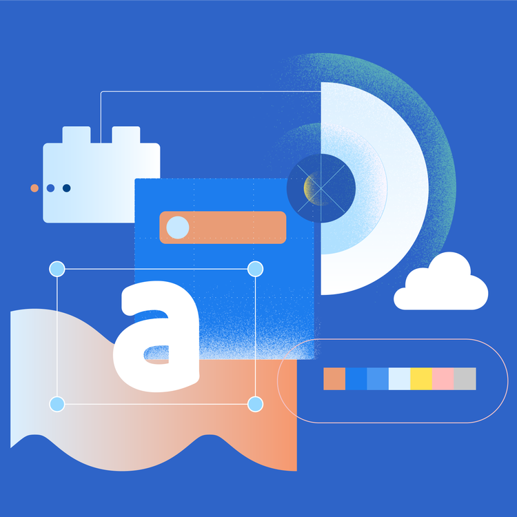 A collage of elements against a bright blue background include a white lego block with a thin line connecting to a half circle, which is next to a white cloud. A blue block in the center is overlapped by an orange block and the letter 'A' in a text box. It abstractly represents the ecosystem and reach of the design system. 