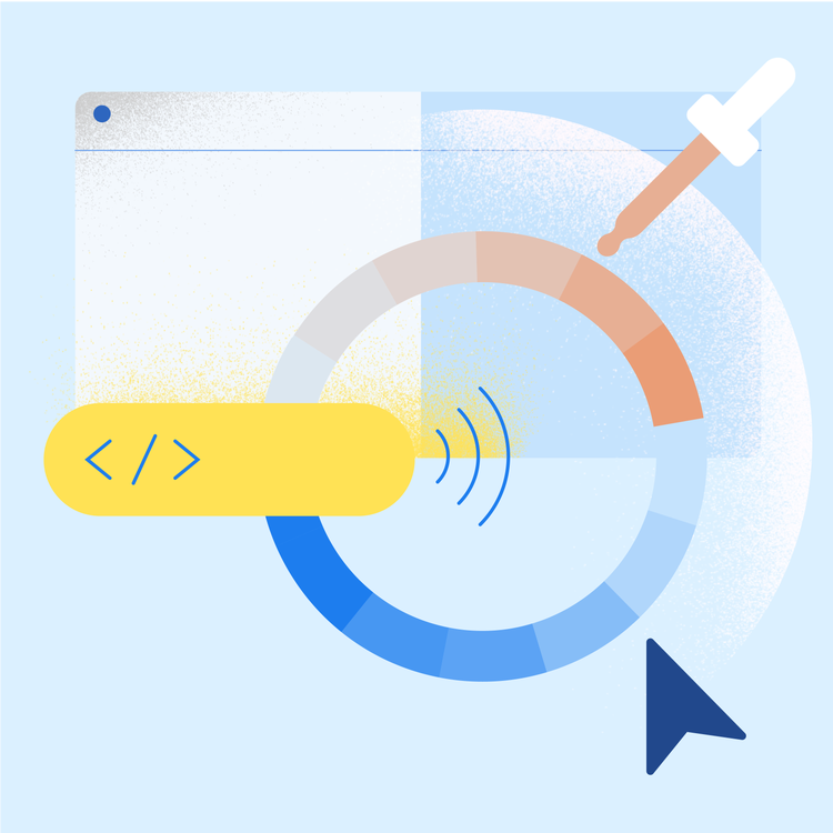 An abstract browser window divided in half to suggest light mode and dark mode, color wheel with gradiating shades of blue and peach, yellow button and navy cursor are collaged together representing the impact of color on the digital devices.